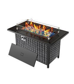 43″ Propane Fire Pit, CSA-Listed 60,000 BTU Outdoor Gas Fire Pit Table with Glass Wind Guard, Tempered Glass Top, Lid, Glass Rocks, Adjustable Legs, F