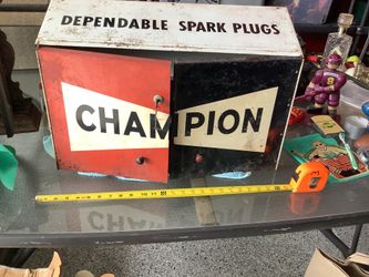 Vintage Champion Spark Plugs Service Station Metal Cabinet, locking doors approximately 24” by 7.5” by 16” some surface rust but a great old piece
