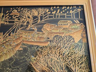 Traditional Chinese Black Lacquer Wood Panel Art