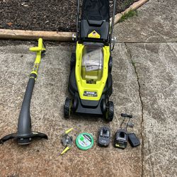 Ryobi ONE+ 18V 13 in. Cordless Battery Walk Behind Push Lawn Mower with 4.0 Ah Battery and Charger string trimmer