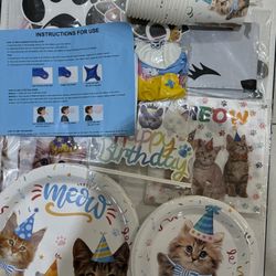 16Guests Cat Birthday Party Supplies (New, Unopened)