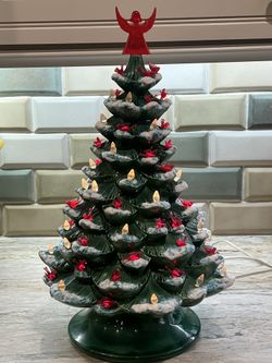 Vintage ARNEL Ceramic Green Flocked Christmas Tree Light Up & Music