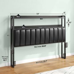 Queen Size Adjustable Storage Headboard - Modern Black Upholstered Bed Frame with LED Lights, Charging Station & Soft Padding,