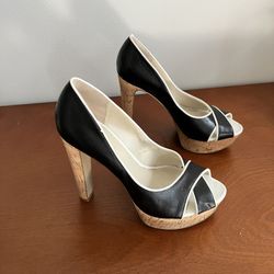 Nine West Black & White Leather Corked Heels - Size 5