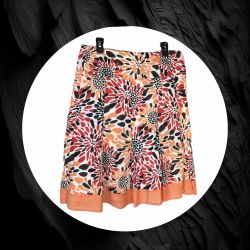 D.F.A. White w Orange, Black, Red, Flowers Cotton Lined Skirt Women Sz 14