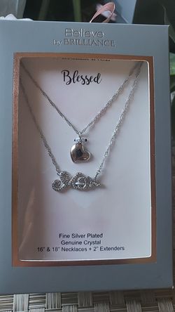 BELIEVE BY BRILLIANCE FINE SILVER PLATED DOUBLE LAYER CRYSTAL MOM/ HEART NECKLACE