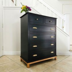 Black 5-Drawer Dresser with Wood Base, tall dresser, chest of drawers