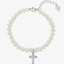 925 Sterling Silver Hypoallergic Adjustable White Pearl Cross Bracelet Toddlers Little Girls Cultured Pearl Young Girls 