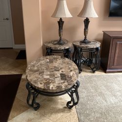 Marble Coffee Table, Two End Tables With Matching Lamps, Very Heavy, Excellent Condition 
