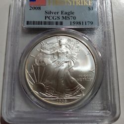 2008 Silver Eagle $1 - PCGS MS70 First Strike Silver Coin 