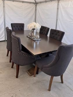 Dark Wood Dining Table with 6 Upholstered Chairs
