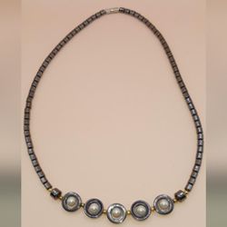 Vintage Hematite Necklace with white Pearl Beads