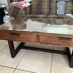 Brown wood Black frame Glass top Coffee Table