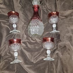 Vintage Indiana Glass Ruby Red Crystal Art Glass Decanter Set With 4 Glasses