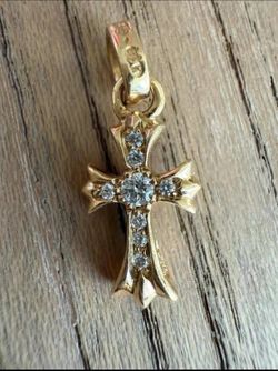 Chrome Hearts 22k Gold Baby Fat Cross Pendant with Diamonds