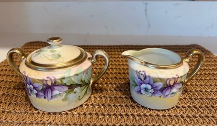 Hand Painted Vienna  China-Victorian Porcelain Floral Creamer & Sugar Set