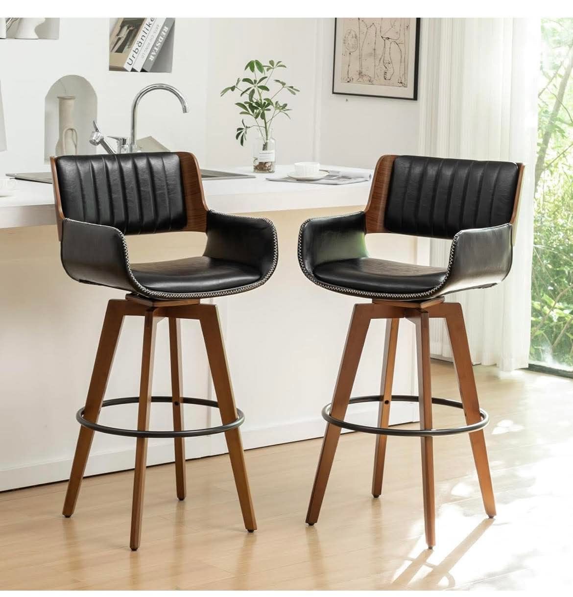 Black Bar Stools Set of 2, 30 Inch Bar Stools Bar Height,Swivel Barstool with Backs and Arm Rest,Faux Leather Bar Chairs, Mid Century Modern Stools fo
