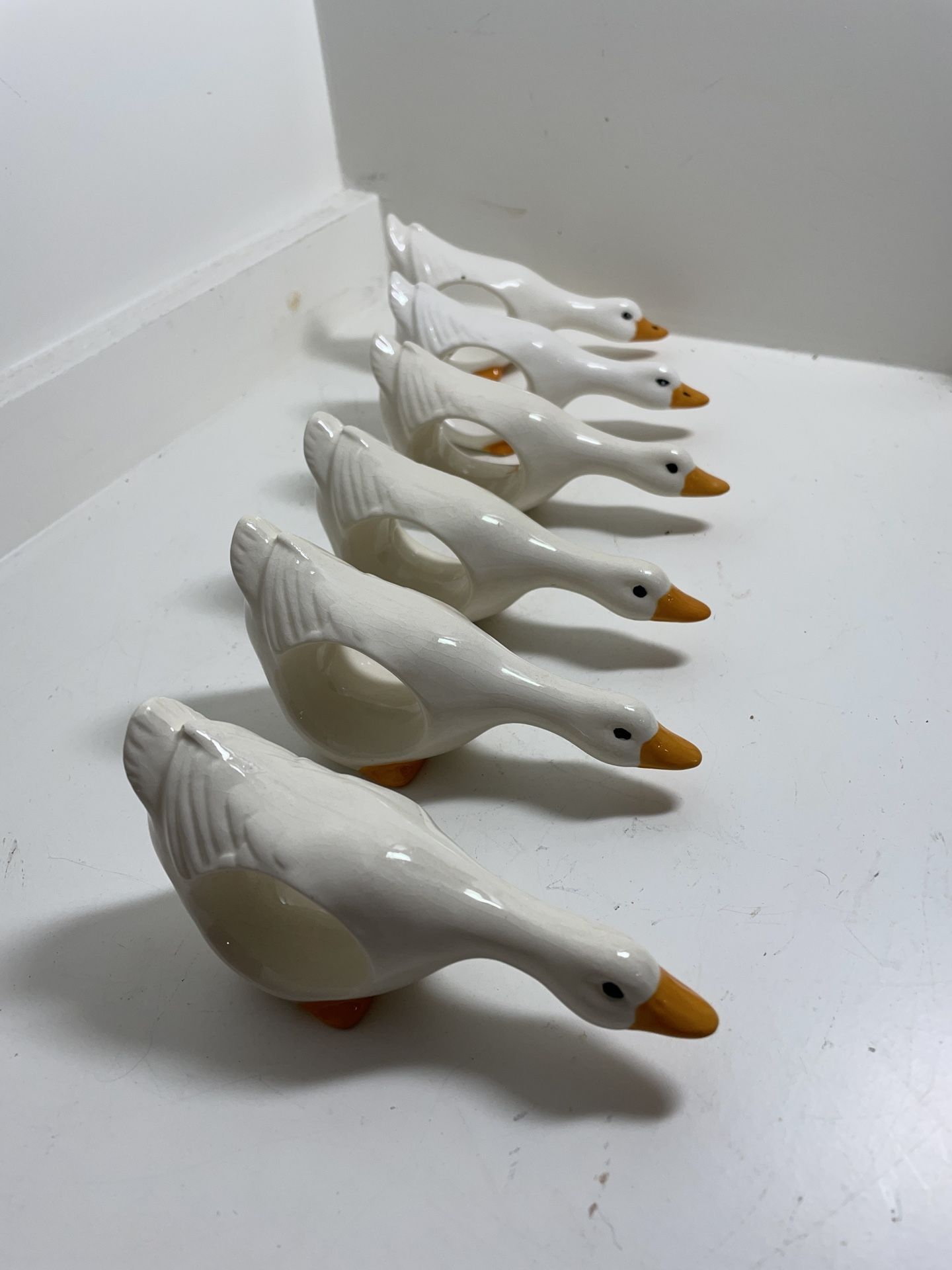 Vintage Set 6 1980s White Duck Goose Glazed Ceramic Napkin Rings Holders Decor