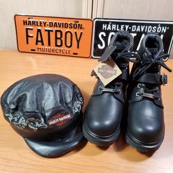 NEW Harley Davidson Women's 8 1/2 Black Leather Ankle Boots 81024 & Leather Cap Medium