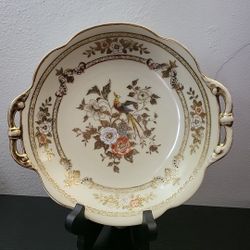 Noritake Nippon Plate/Golden Peony Flowers and Peacock With Handles 