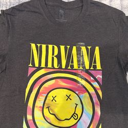 Nirvana Smiley Face, Gray, Grunge Rock Band, Kurt Cobain Tee