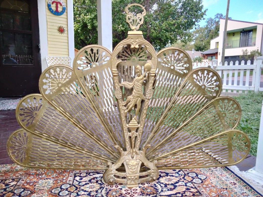 Vintage Large Brass Peacock Fireplace Screen $350