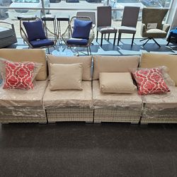 Outdoor Wicker Patio Sectional – 4 Piece Modular Set – Beige Cushions