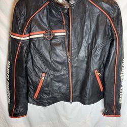 Harley-Davidson Womens Leather Black Orange Cream Logo Lined Biker Jacket Sz 1W