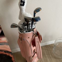 Antique Modern Pink Golf Bag And Clubs