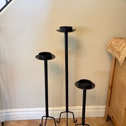 Vintage Wrought Iron Floor Candle Holders – Set of 3 – Matte Black