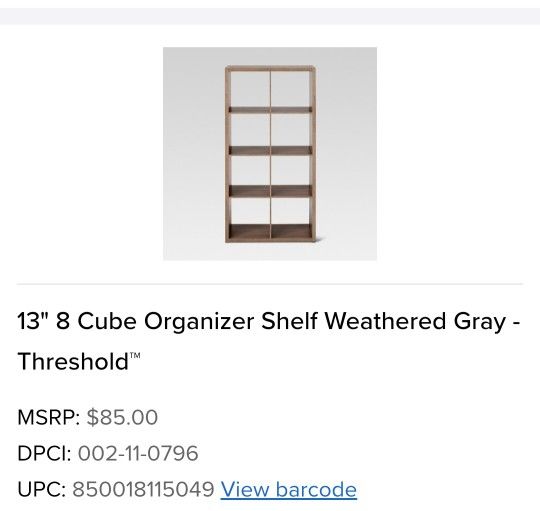 Brand New Threshold 8 Cube Organizer Weathered Gray