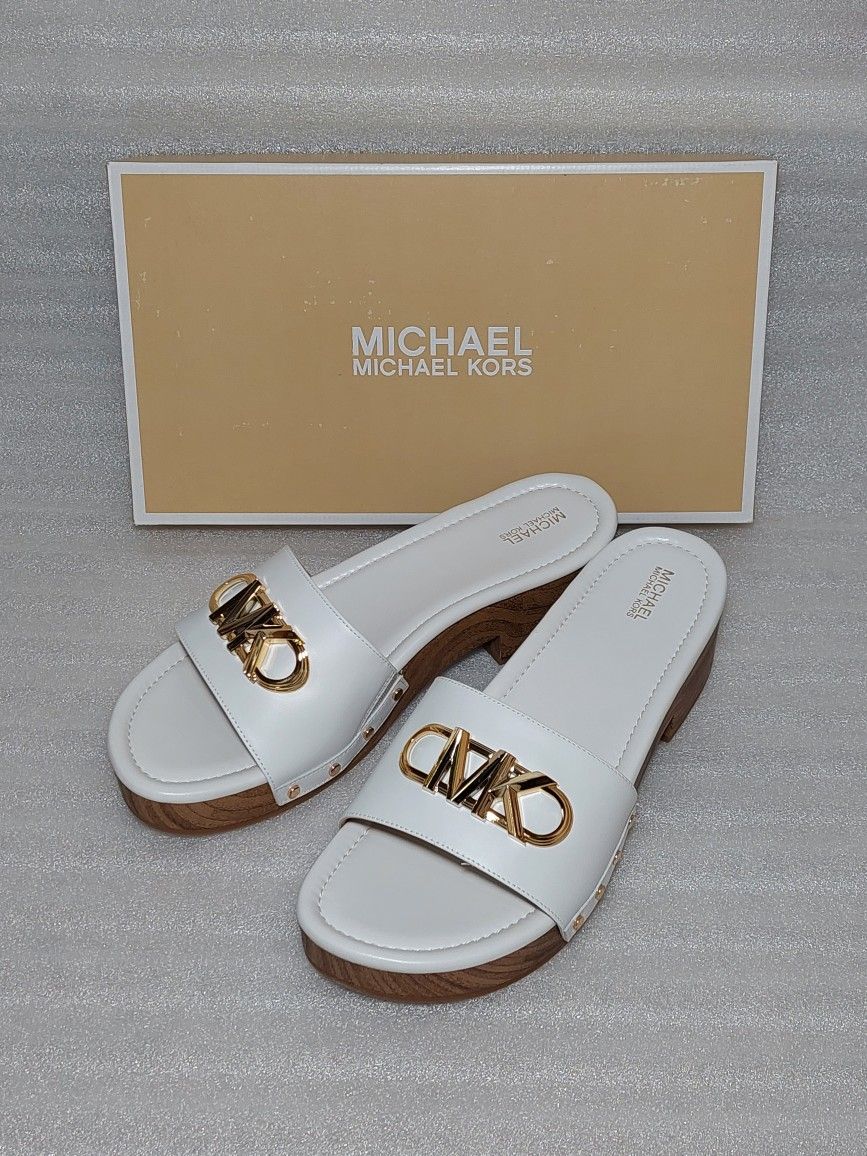 Michael Kors Designer Sandals Slides Low Heels. White Gold. Brand New In Box. Size 10 Women's Shoes. Authentic