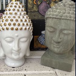 9” White & Gold Or 8.5” Concrete Cement Buddha Head Statue. Great With Asian, Chinese, Chinoiserie, MCM & Antique Decor. $25 Each, 