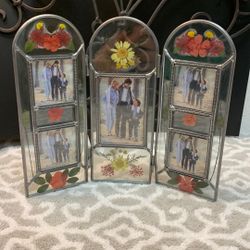 Beautiful Glass Flowered Themed Silver Hinged, 5 Picture Movable Frame 