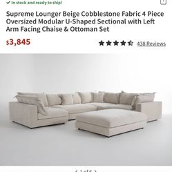 Supreme Lounger Beige Cobblestone Fabric 3 Piece Oversized Modular Sectional with Left Arm