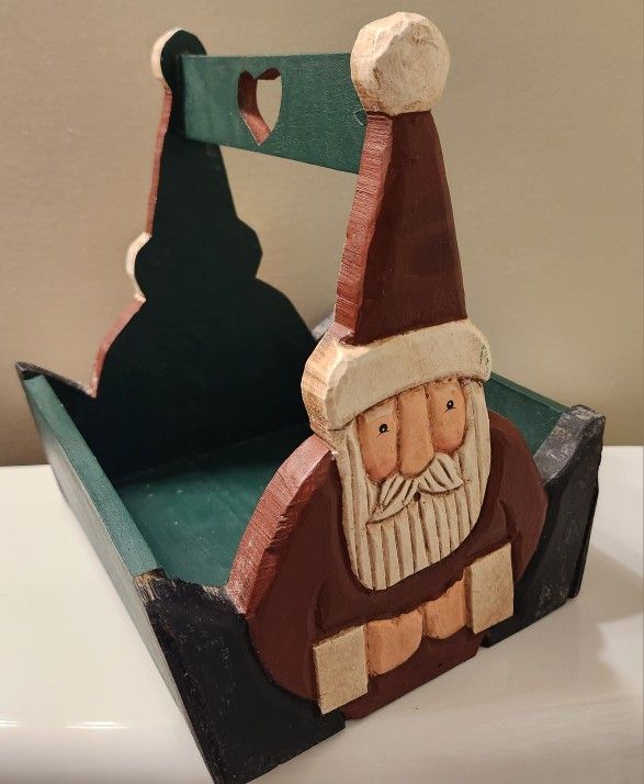 Wooden Carved Santa Christmas Caddy 
