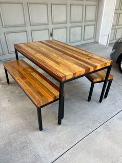 Wood Dining Table + 2 Benches