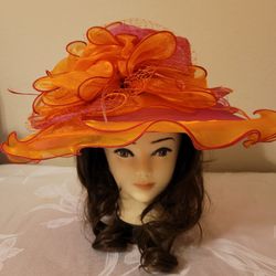 Women's Organza Church Hat Orange Hot Pink