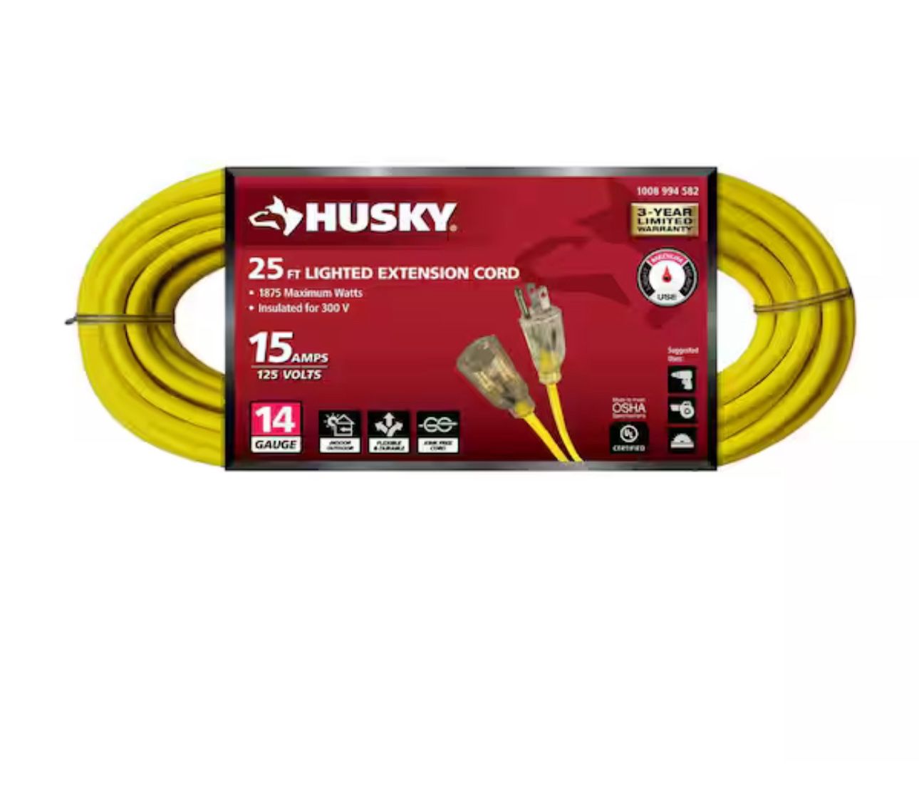 Husky 25 ft. 14/3 Medium Duty Indoor/Outdoor Extension Cord with Lighted End, Yellow