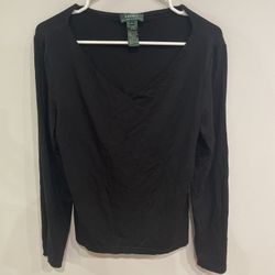 Polo Ralph Lauren Women’s T-Shirt Solid Black Basic Long Sleeve V-Neck Size L