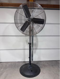 Large fan on pedestal stand.