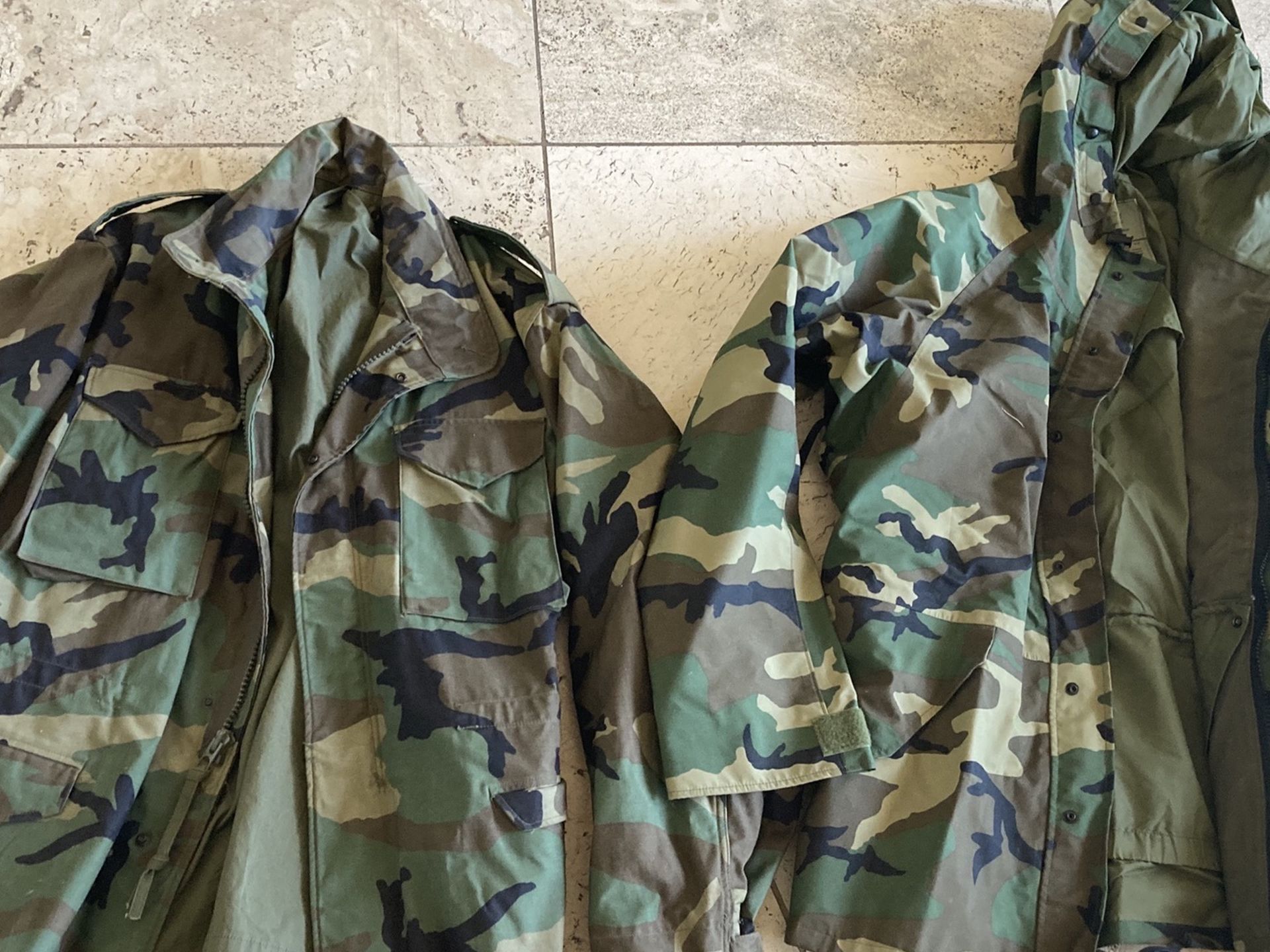 Pair of military field jackets Large Sizes near mint minty new M65 and hooded rain coats