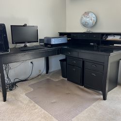 Black L-shaped Desk and 2 File Cabinets