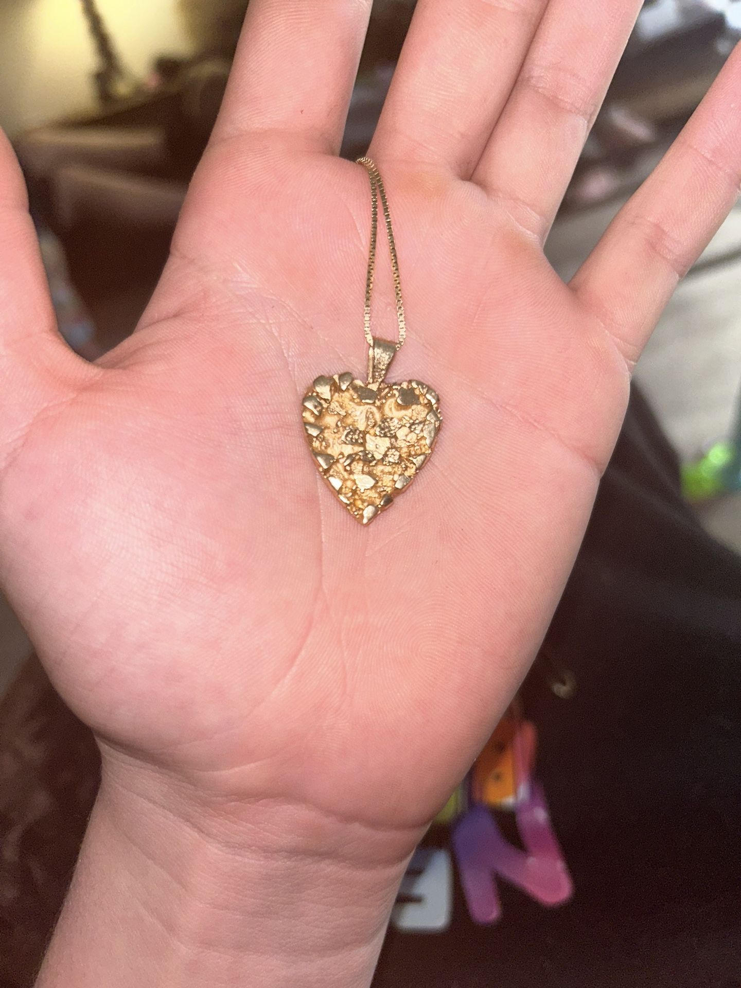 Gold Box Chain And Gold Casted Hear Nugget 14k Solid Gold 