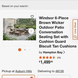 Windsor 6-Piece Brown Wicker Outdoor Patio Conversation Seating Set with Cushion Guard Biscuit Tan Cushions