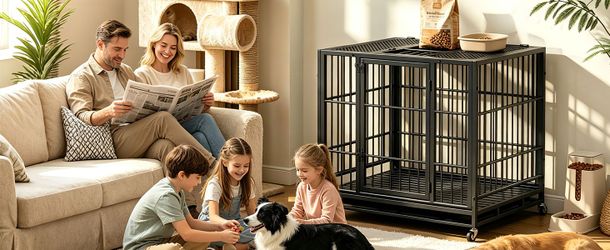 Heavy Duty Dog Crate , Mobile Pet Kennel with Lockable Wheels & Rotary Twist-Latch, Indoor Outdoor Metal Cage with Perforated Top