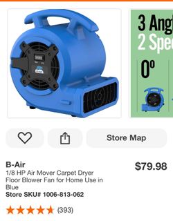 B-Air 1/8 HP Air Mover Carpet Dryer Floor Blower Fan for Home Use in Blue