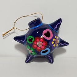 Mexican Folk Art Pottery Ornament Blue Floral