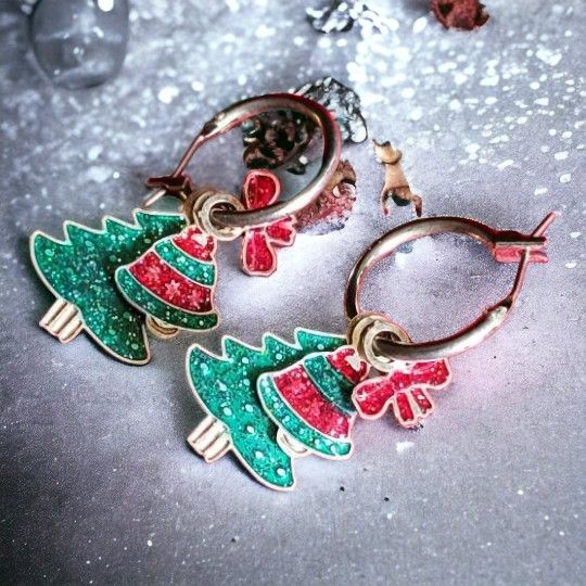 Vintage Christmas Tree, Bell, and Bow Charm Earrings