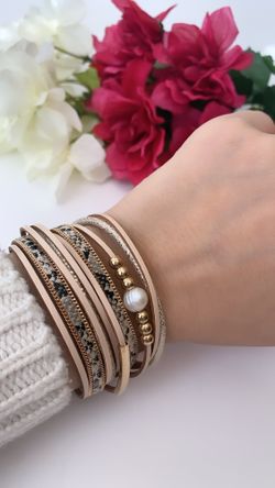 Vintage Braided Leather Multilayer Bracelet for Women Natural Pearl